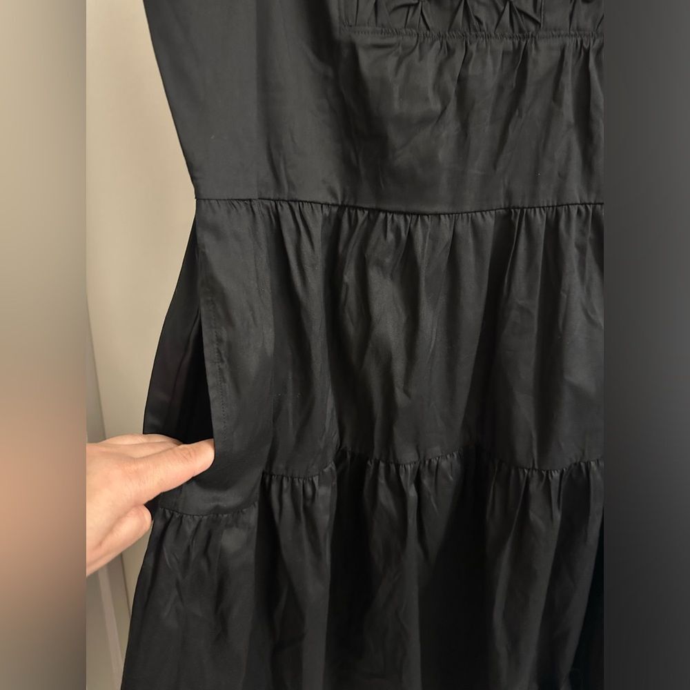 Chico’s Poplin Smocked Midi Dress SZ 3 US 16 Sleeveless Split Neck Pocket Black - Picture 6 of 10